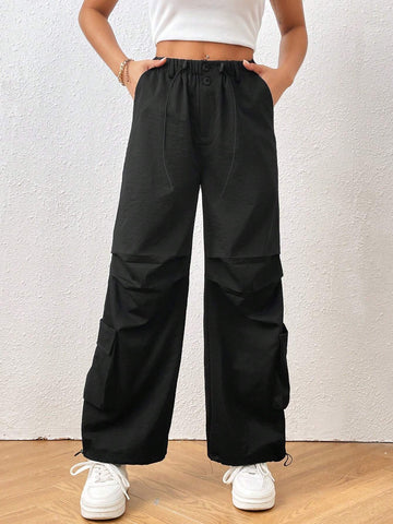 PETITE Drawstring Hem Flap Pocket Parachute Pants