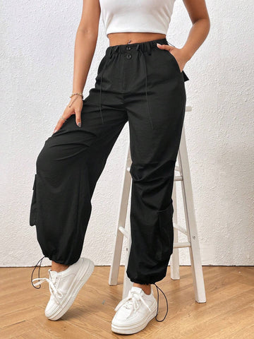 PETITE Drawstring Hem Flap Pocket Parachute Pants