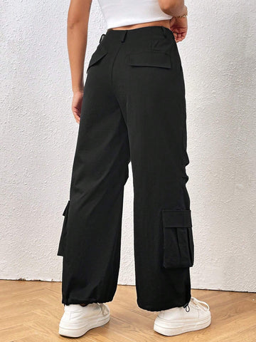 PETITE Drawstring Hem Flap Pocket Parachute Pants