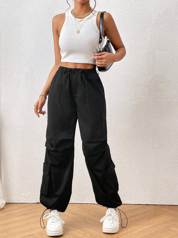 PETITE Drawstring Hem Flap Pocket Parachute Pants