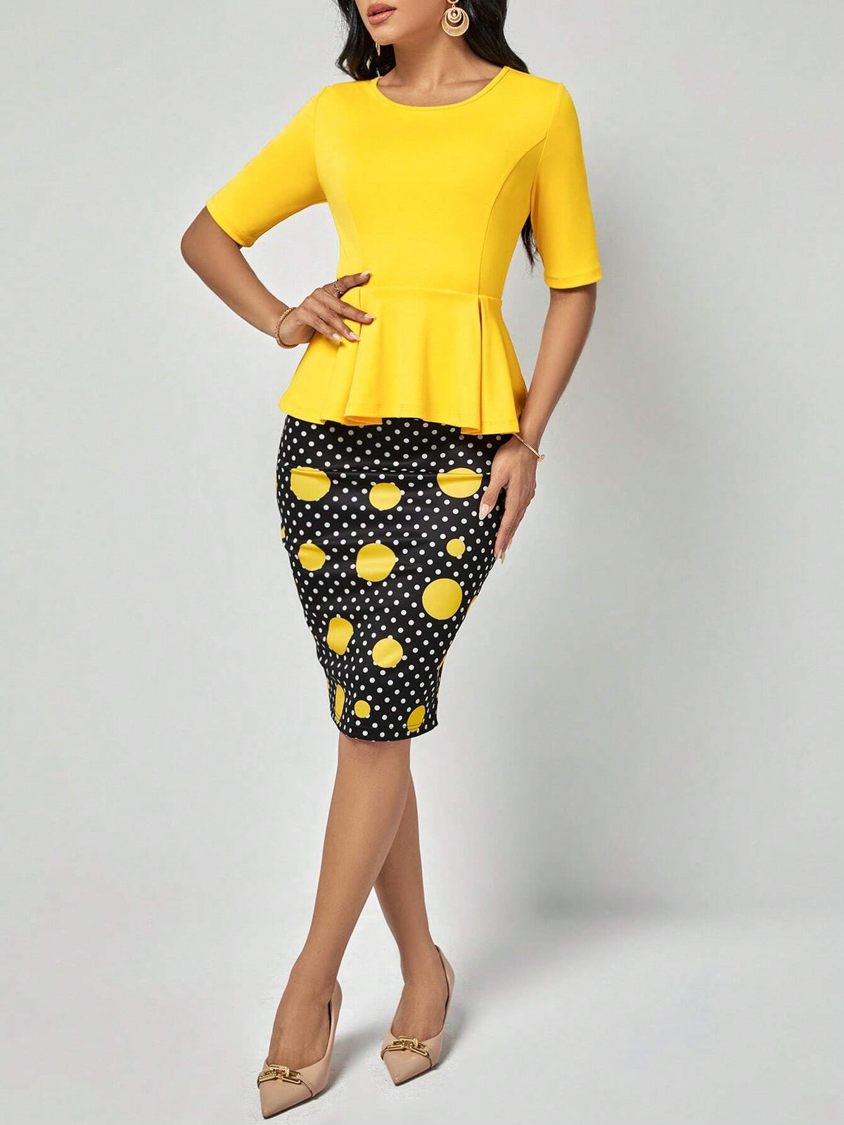 EMERY ROSE Solid Peplum Top & Polka Dot Print Skirt