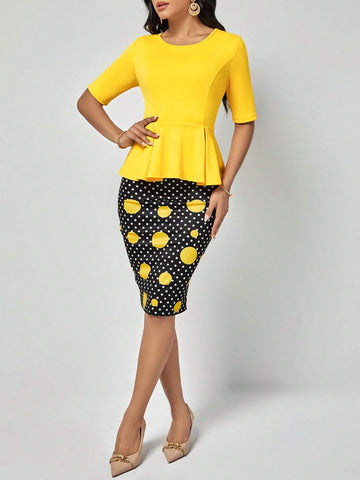 EMERY ROSE Solid Peplum Top & Polka Dot Print Skirt