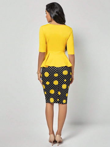 EMERY ROSE Solid Peplum Top & Polka Dot Print Skirt