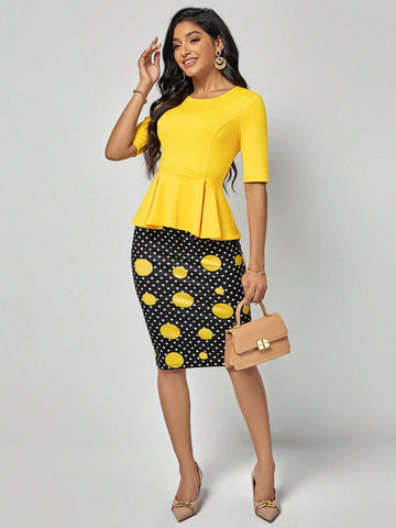 EMERY ROSE Solid Peplum Top & Polka Dot Print Skirt