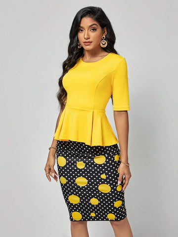 EMERY ROSE Solid Peplum Top & Polka Dot Print Skirt