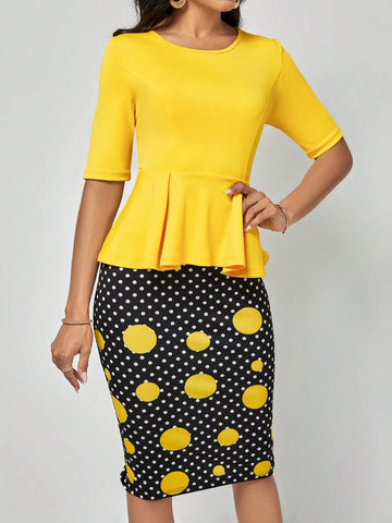 EMERY ROSE Solid Peplum Top & Polka Dot Print Skirt