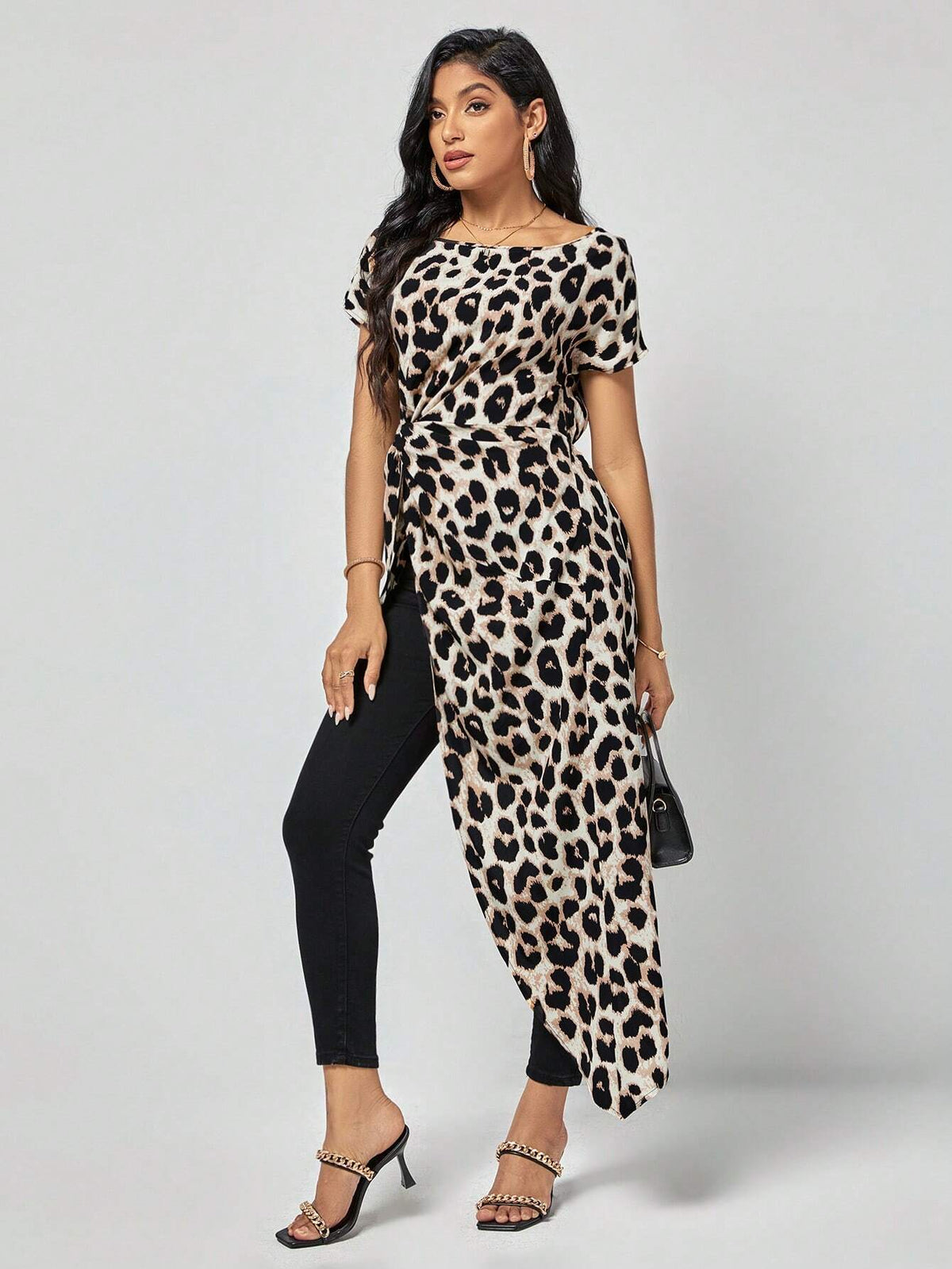 Leopard Print Asymmetrical Hem Knot Detail Blouse