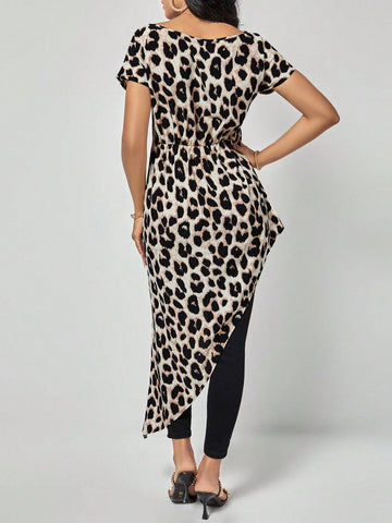 Leopard Print Asymmetrical Hem Knot Detail Blouse