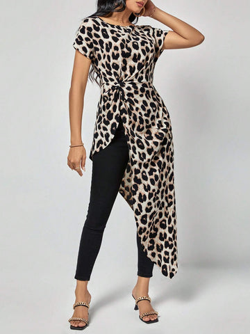 Leopard Print Asymmetrical Hem Knot Detail Blouse