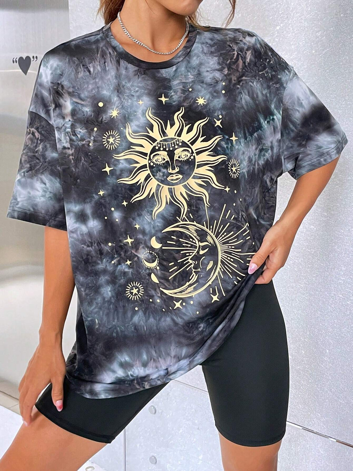 Sun & Moon Print Tie Dye Drop Shoulder Tee