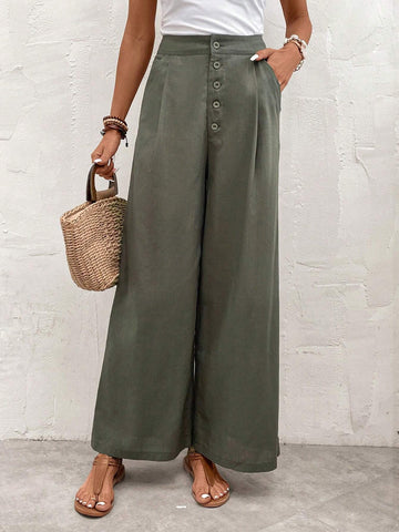 EMERY ROSE High Waist Plicated Detail Wide Leg Pants