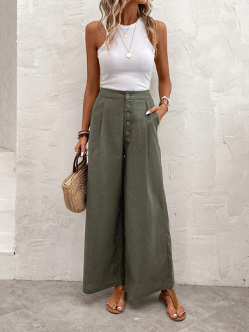 EMERY ROSE High Waist Plicated Detail Wide Leg Pants