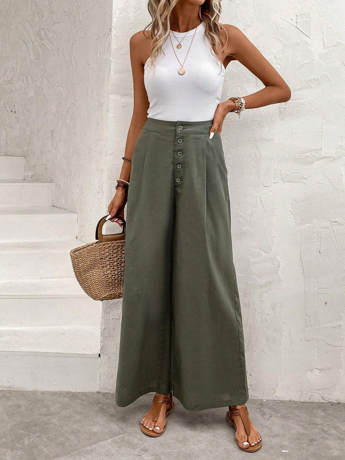 EMERY ROSE High Waist Plicated Detail Wide Leg Pants