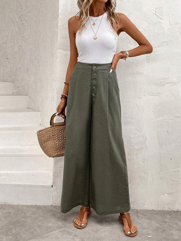 EMERY ROSE High Waist Plicated Detail Wide Leg Pants
