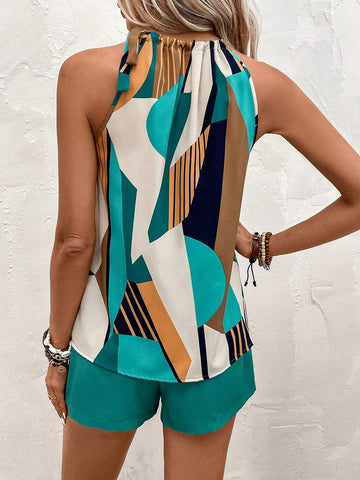 Geo Print Halter Top & Belted Shorts