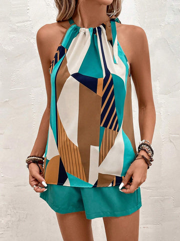 Geo Print Halter Top & Belted Shorts