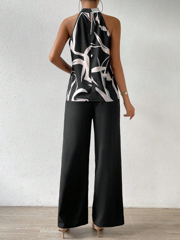 Graphic Print Halter Top & Wide Leg Pants