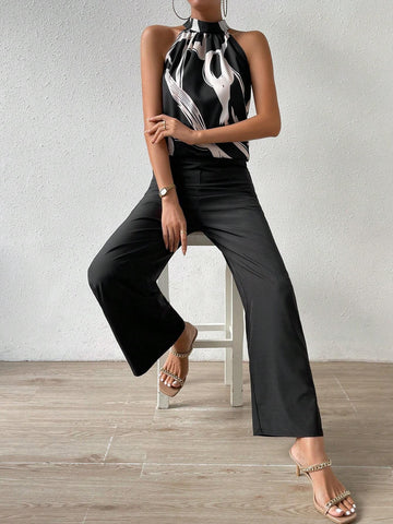 Graphic Print Halter Top & Wide Leg Pants