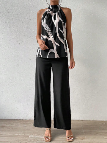 Graphic Print Halter Top & Wide Leg Pants