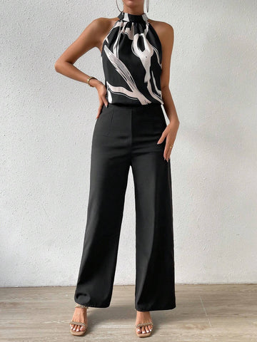 Graphic Print Halter Top & Wide Leg Pants