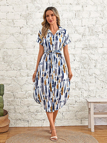 EMERY ROSE Brush Print Batwing Sleeve Belted Shirt Dress