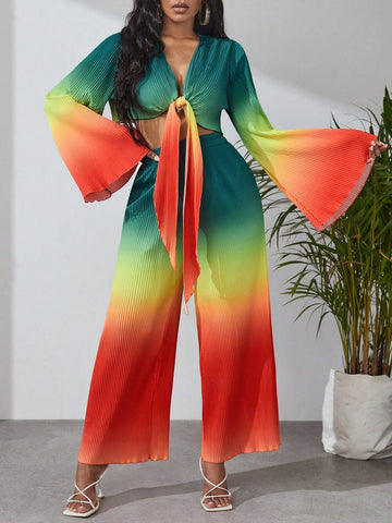 Ombre Knot Front Trumpet Sleeve Top & Wide Leg Pants