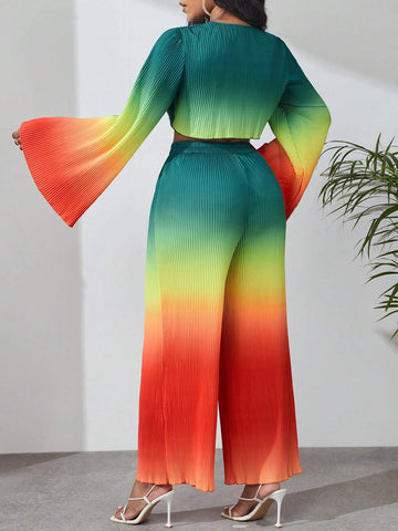 Ombre Knot Front Trumpet Sleeve Top & Wide Leg Pants