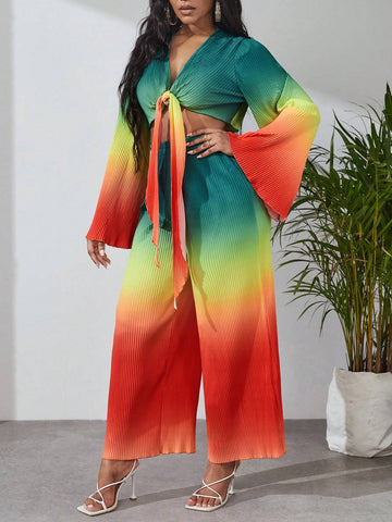 Ombre Knot Front Trumpet Sleeve Top & Wide Leg Pants