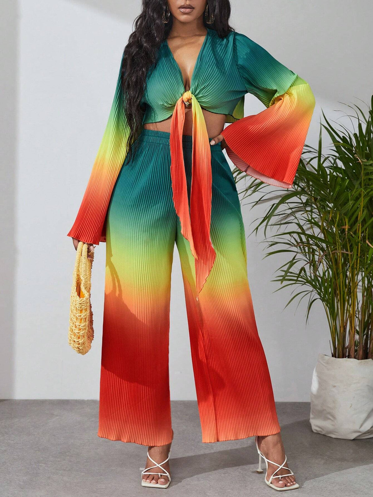 Ombre Knot Front Trumpet Sleeve Top & Wide Leg Pants