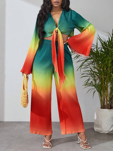 Ombre Knot Front Trumpet Sleeve Top & Wide Leg Pants