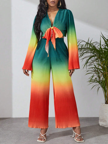 Ombre Knot Front Trumpet Sleeve Top & Wide Leg Pants