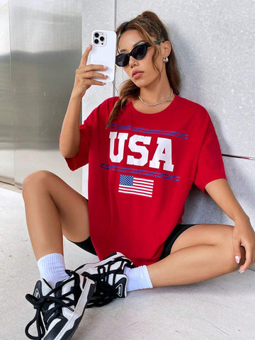 EZwear American Flag & Letter Graphic Drop Shoulder Tee