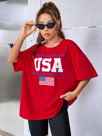 EZwear American Flag & Letter Graphic Drop Shoulder Tee