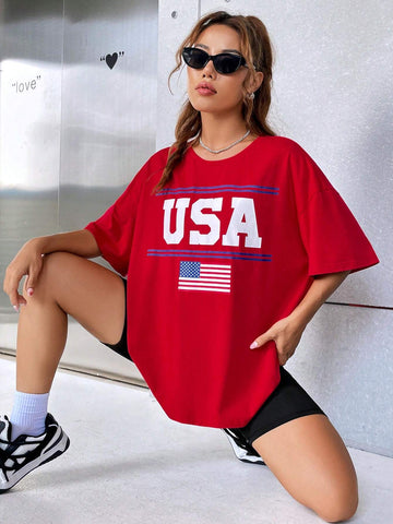 EZwear American Flag & Letter Graphic Drop Shoulder Tee
