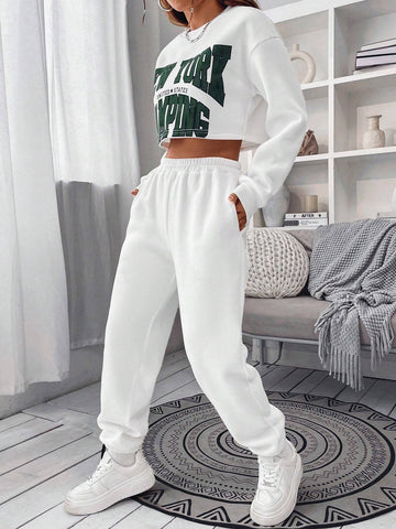 Letter Graphic Drop Shoulder Sweatshirt & Sweatpants