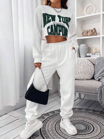 Letter Graphic Drop Shoulder Sweatshirt & Sweatpants