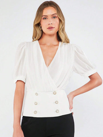 Surplice Neck Button Detail Wrap Blouse