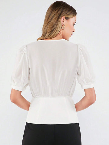 Surplice Neck Button Detail Wrap Blouse