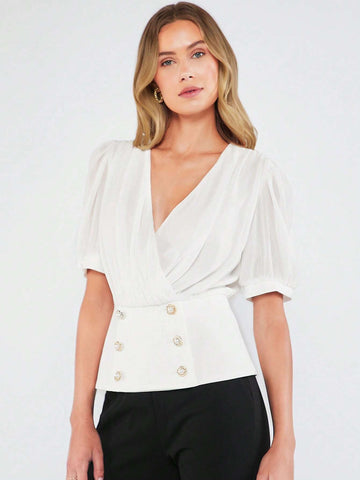 Surplice Neck Button Detail Wrap Blouse