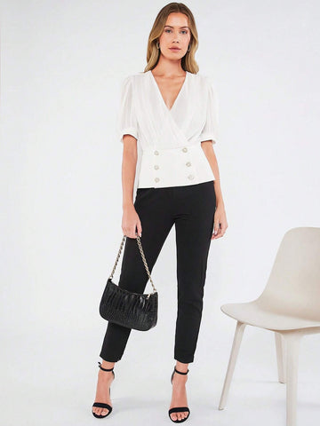 Surplice Neck Button Detail Wrap Blouse