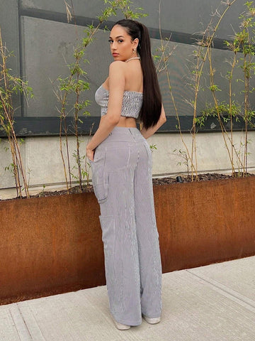 Striped Print Bandana Hem Crop Tube Top & Wide Leg Pants