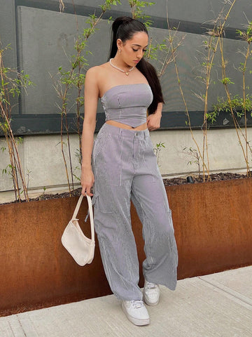 Striped Print Bandana Hem Crop Tube Top & Wide Leg Pants