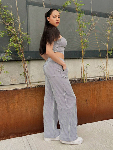 Striped Print Bandana Hem Crop Tube Top & Wide Leg Pants