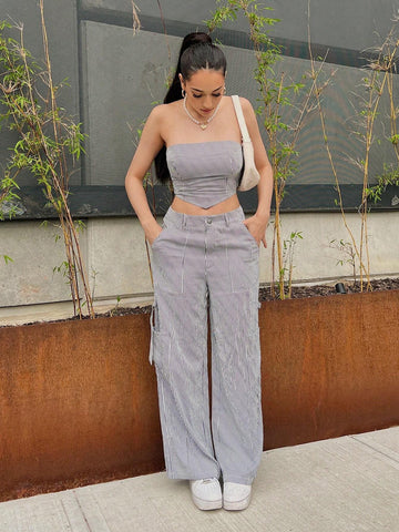 Striped Print Bandana Hem Crop Tube Top & Wide Leg Pants