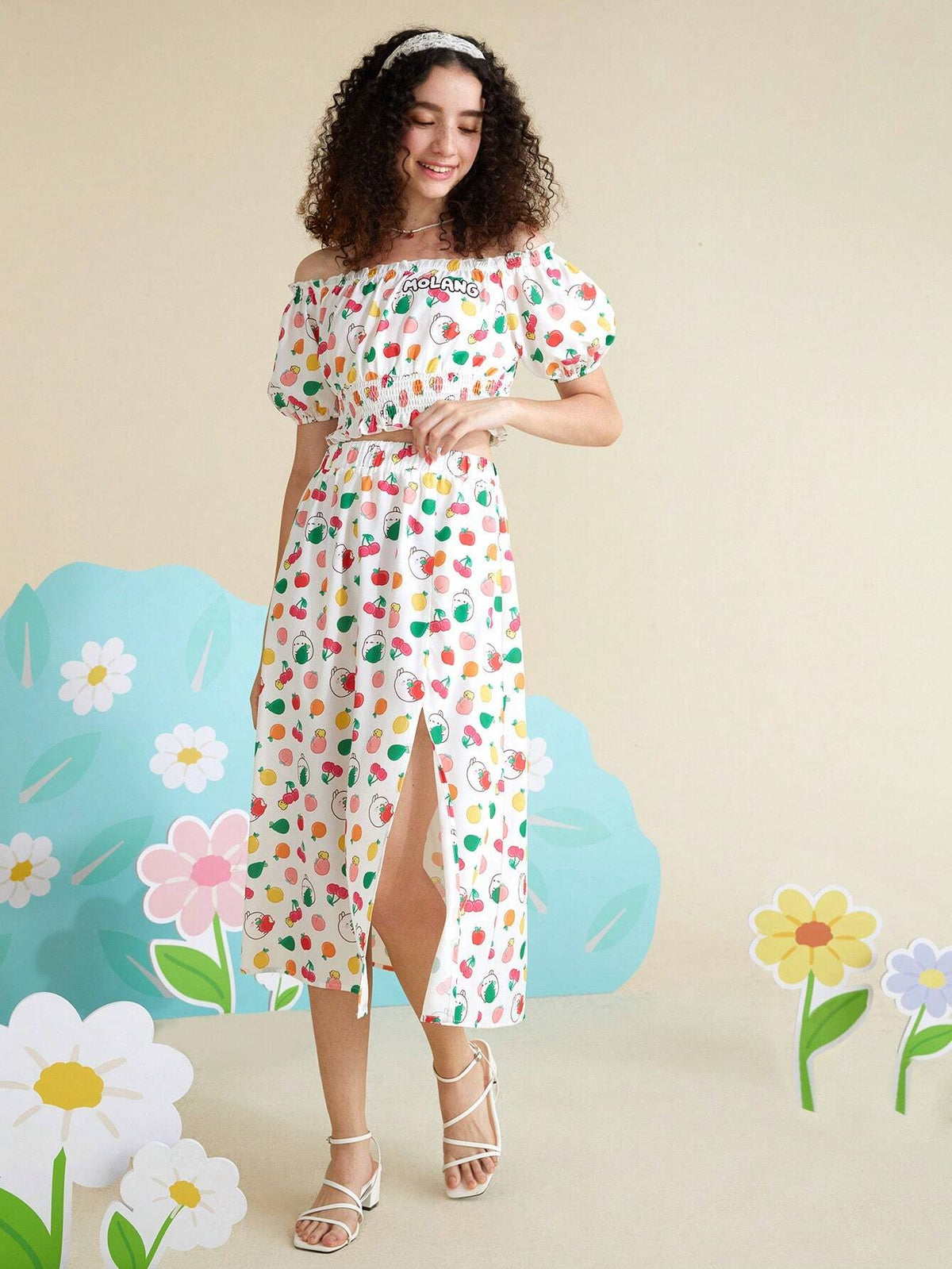 Fruit and Cartoon Graphic Off Shoulder Top & Split Thigh Skirt