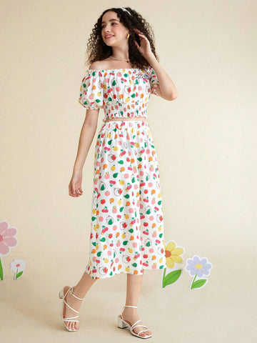Fruit and Cartoon Graphic Off Shoulder Top & Split Thigh Skirt