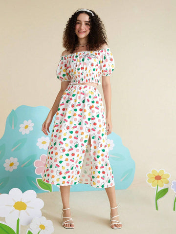 Fruit and Cartoon Graphic Off Shoulder Top & Split Thigh Skirt