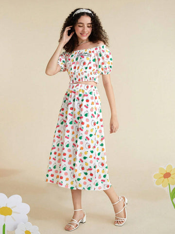 Fruit and Cartoon Graphic Off Shoulder Top & Split Thigh Skirt