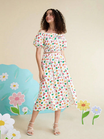 Fruit and Cartoon Graphic Off Shoulder Top & Split Thigh Skirt