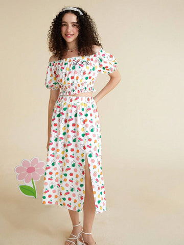 Fruit and Cartoon Graphic Off Shoulder Top & Split Thigh Skirt